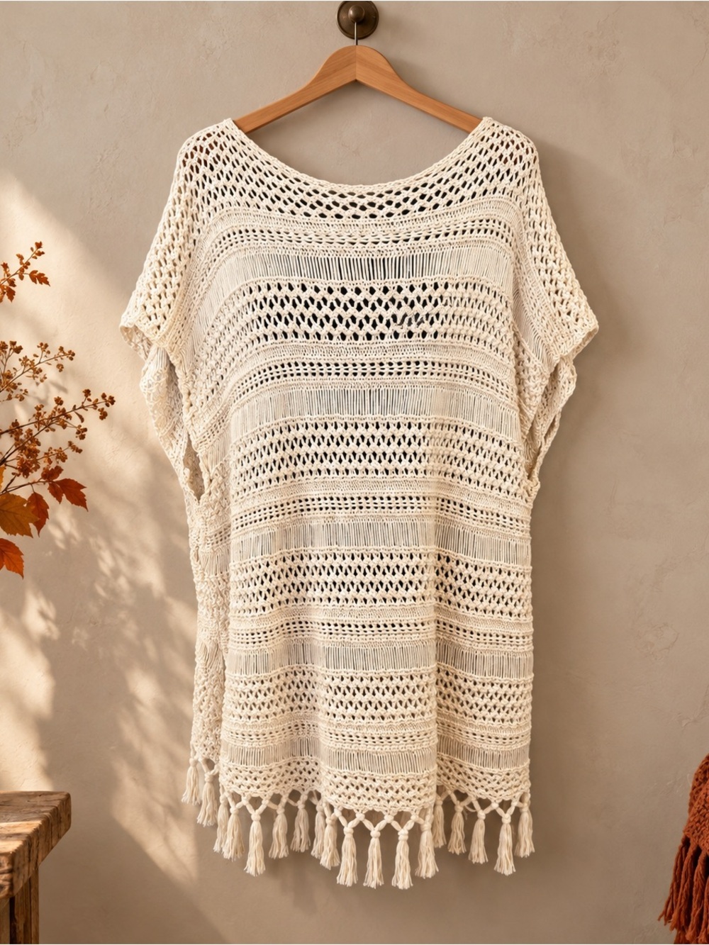 CHAPS Denim 2X Cream Cotton Crochet Poncho Tunic Fringe